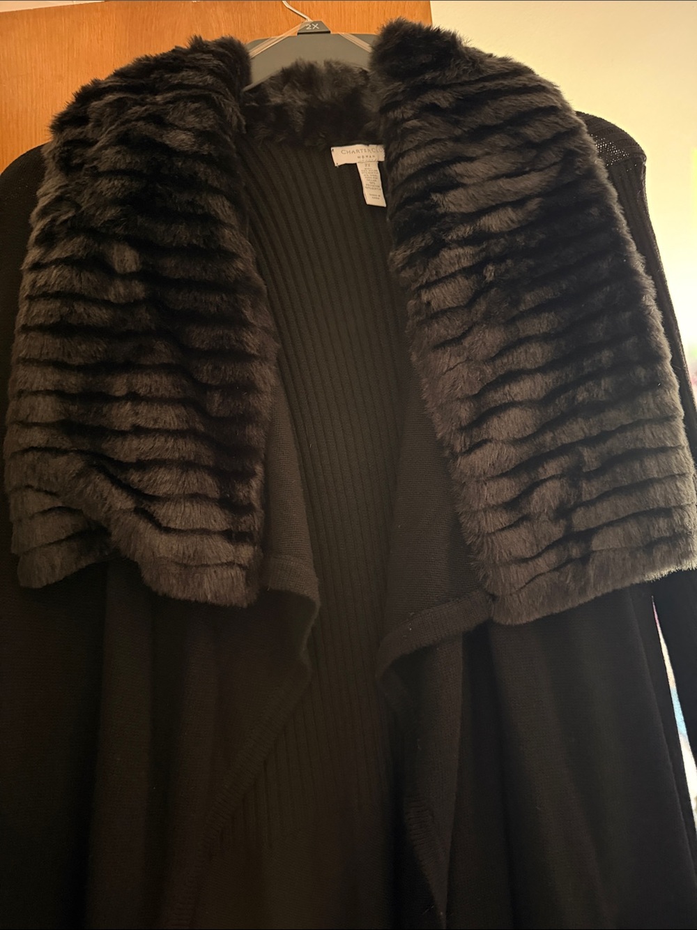 Charter Club Black Faux Fur Collar Draped Open Cardigan